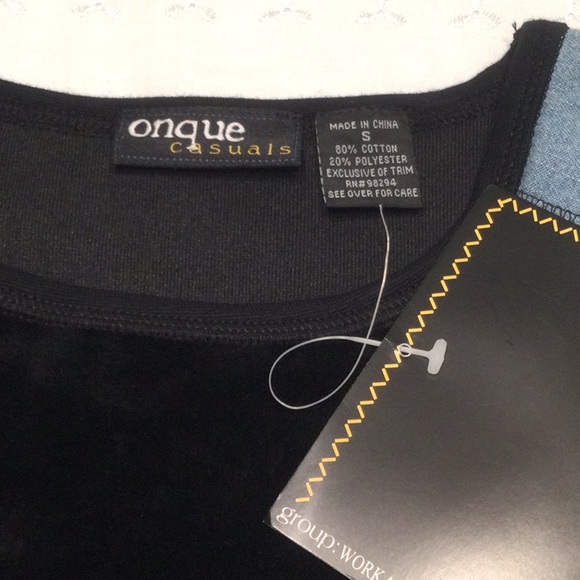 Onque Casuals Black Velvet Long Sleeve Shirt w/ Denim On Shoulders & Pocket - Picture 3 of 6